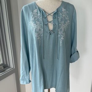 Karen Kane Light Blue Lace-Up Embroidered Blouse